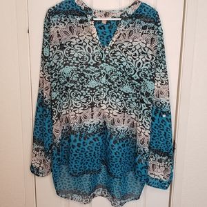 Roz & Ali Turquoise Umbre sheer  blouse 1X